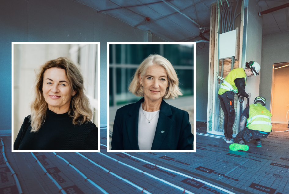 Portrettbilder av adm. dir. Marianne Wætnes Røiseland, og fagsjef Eli Hermine Heyerdahl Eide i RørNorge, med en bakgrunn som viser en byggeplass..