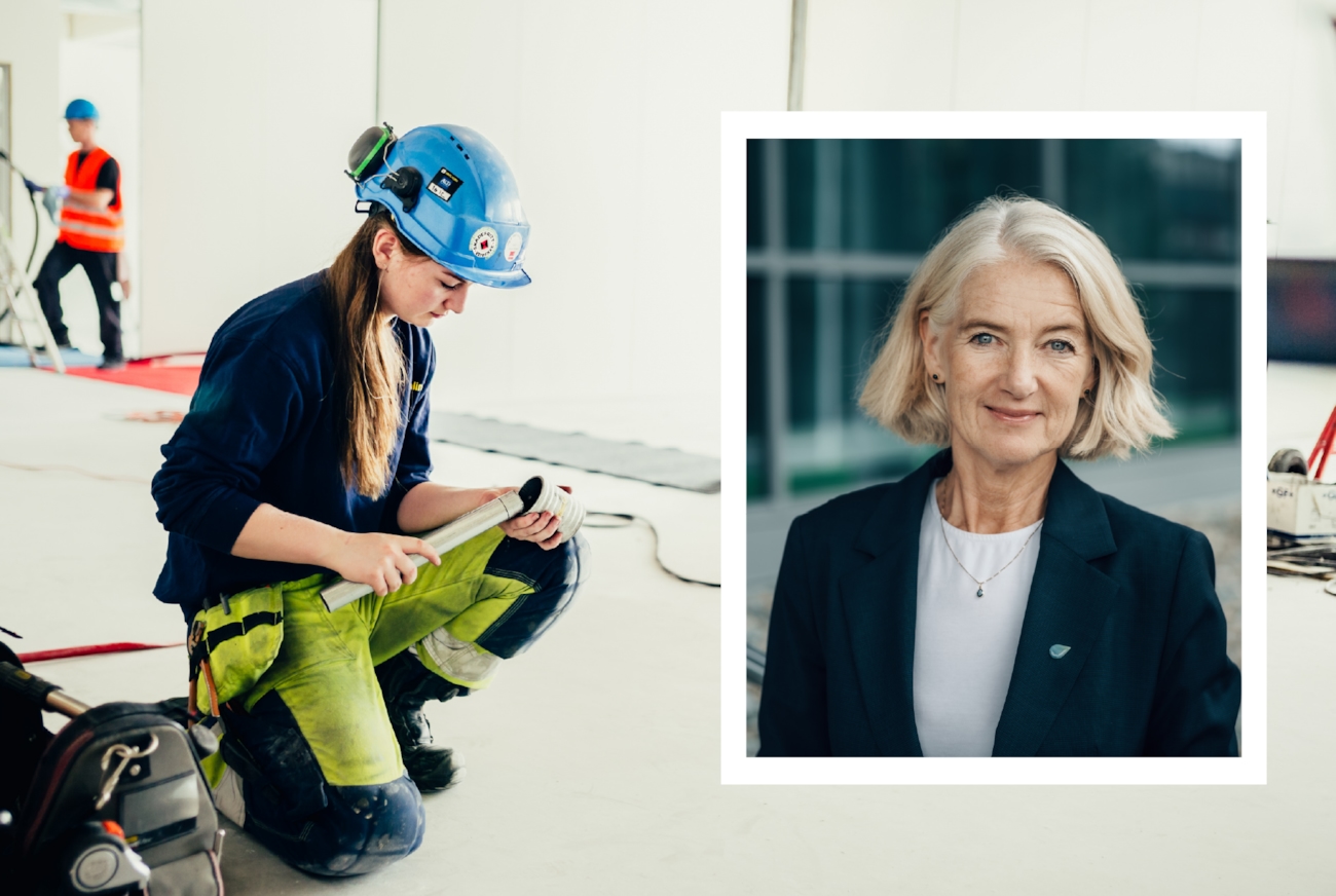 Marianne Wætnes Røiseland administrerende direktør i Rørentreprenørene Norge, portrettbilde av henne, som ligger over et bilde av en rørleggerlærling som arbeider på en byggeplass.