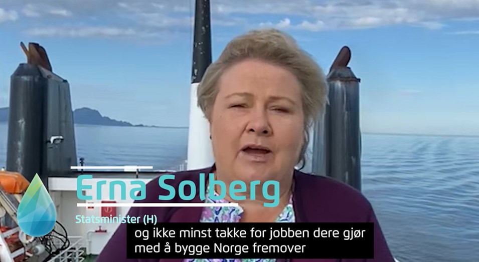 Statsminister Erna Solberg sendte inn videohilsen til Rørentreprenørene Norges generalforsamling.