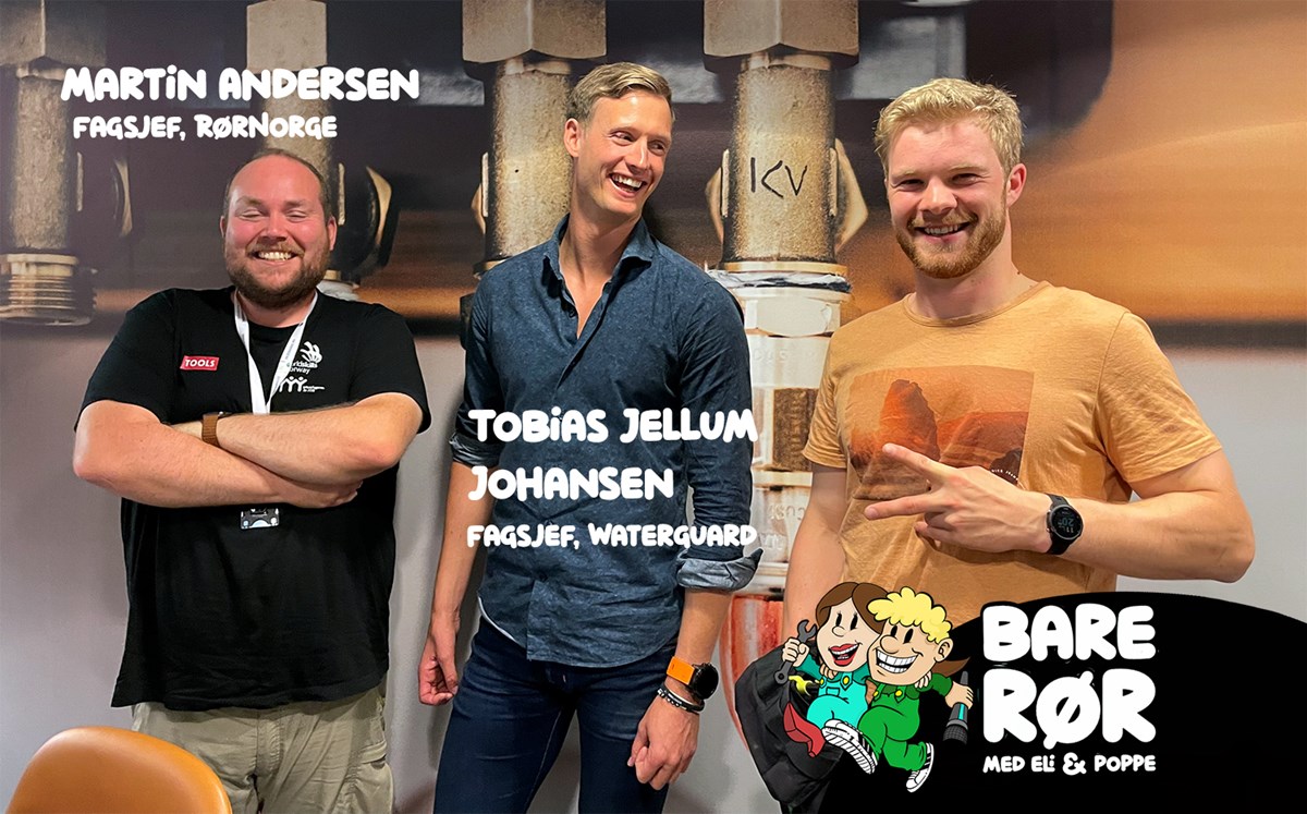 Fagsjef Martin Andersen i RørNorge, fagsjef Tobias Jellum Johansen i Waterguard og programleder Severin Poppe Midteide i studio.