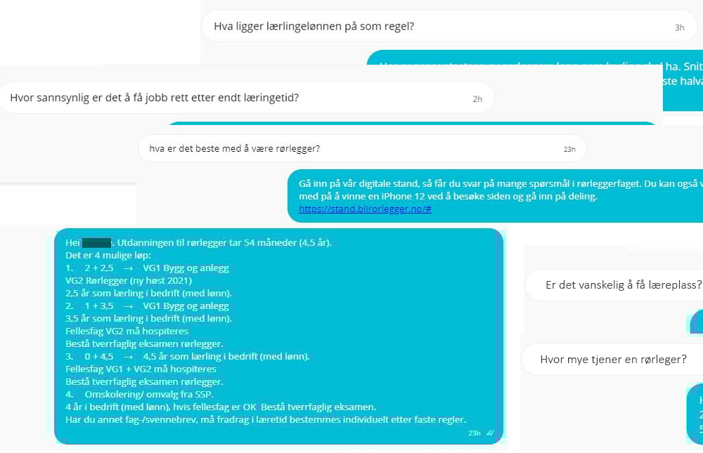 Skjermdump-kollasj av innsendte spørsmål til rørstanden på digital utdanningsmesse 2020
