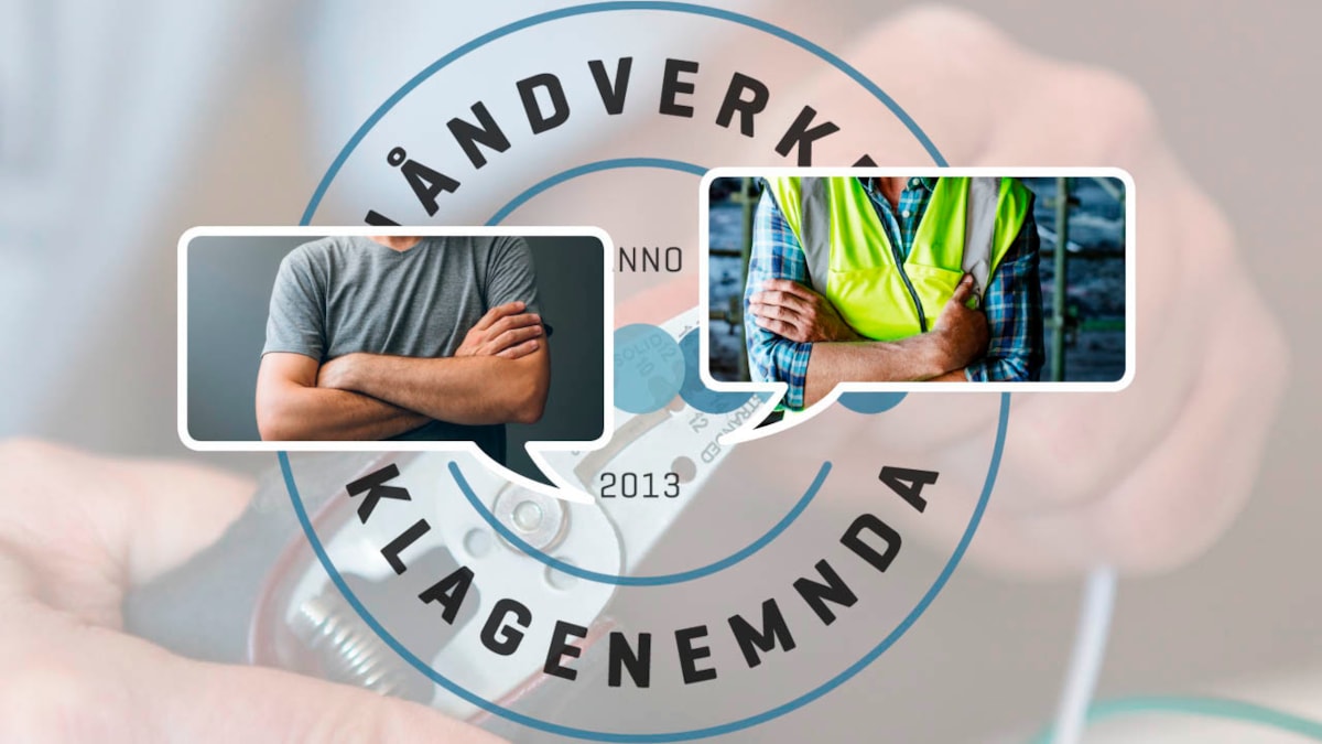 Illustrasjonsbilde der kunde og håndverker står med korslagte armer og Håndverkerklagenemndas logo vises i bakgrunnen